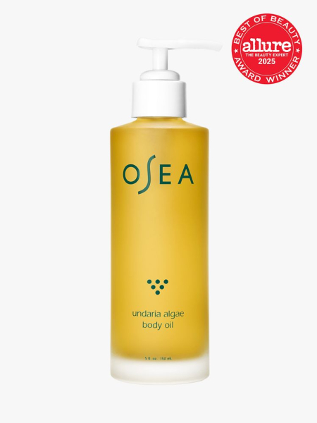 Undaria Algae Body Oil in branded clear bottle with white pump on light gray background with red Allure Best of Beauty seal in the top right corner