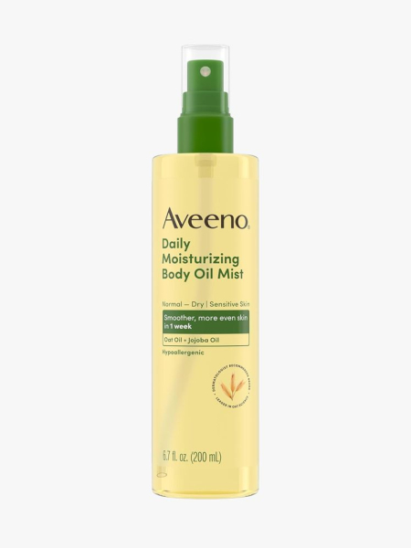 Aveeno Daily Moisturizing Body Oil Mist in branded component on a light gray background